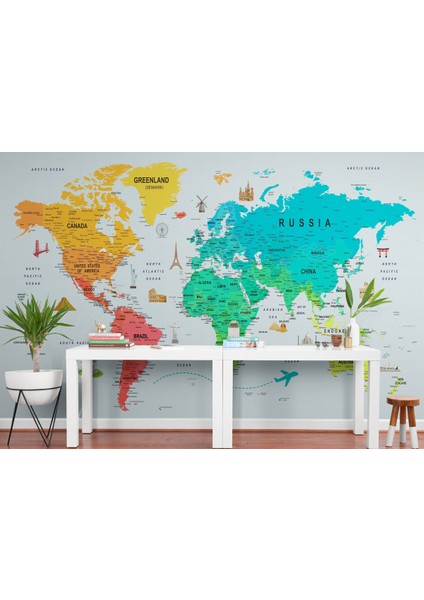 Renkli Dünya Haritası Duvar Kağıdı Detaylı Ülke ve BAŞKENTLI-1782 fırsatları