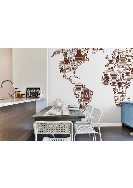 Kahve Coffee Temalı Dünya Haritası Dekoratif Duvar KAĞIDI-1087