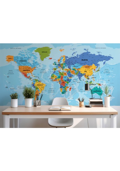 Dünya Haritası Türkçe Duvar Kağıdı Ayrıntılı Dekoratif-Okyanuslu-2188