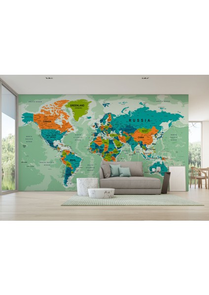 Ingilizce Dünya Haritası Duvar Kağıdı Okyanuslu Eğitici DETAYLI-2543