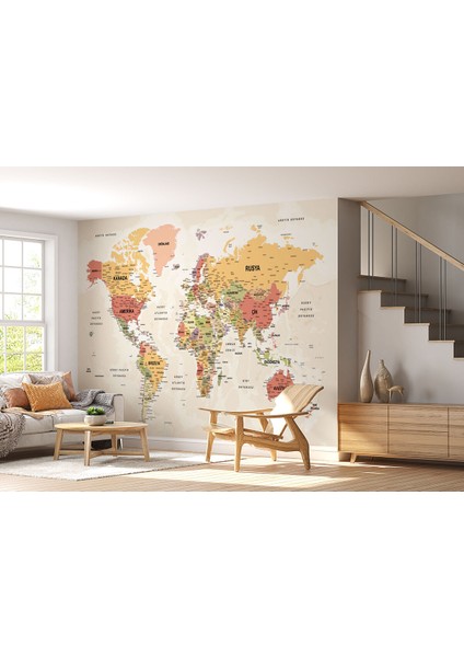 Türkçe Dünya Haritası Ayrıntılı Eğitici-Öğretici Okyanuslu Dekoratif Duvar Kağıdı 2530 fiyatları