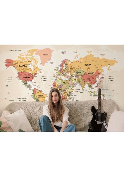 Türkçe Dünya Haritası Ayrıntılı Eğitici-Öğretici Okyanuslu Dekoratif Duvar Kağıdı 2530 fırsatları