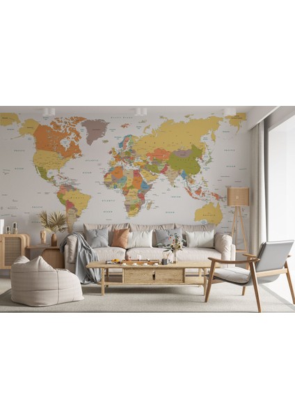 Detaylı Öğretici Ingilizce Dünya Haritası Duvar KAĞIDI-1042