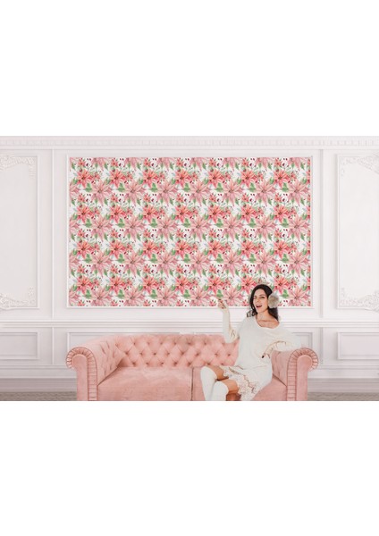 Pembe Çiçek ve Yaprak Desenli Duvar Kağıdı-5587