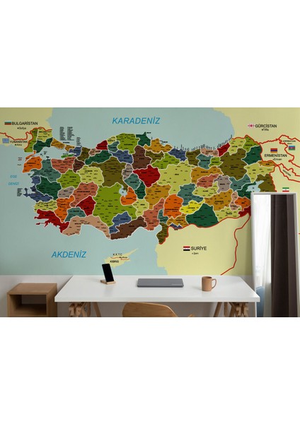 Türkiye Haritası Duvar Kağıdı Il ve Ilçeli Ayrıntılı Eğitici Duvar Kağıdı-3000