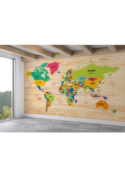 Ingilizce Dünya Haritası Duvar Kağıdı Ahşap Görünümlü Detaylı -1873 fiyatları