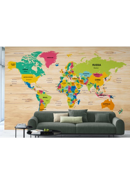 Ingilizce Dünya Haritası Duvar Kağıdı Ahşap Görünümlü Detaylı -1873 fırsatları