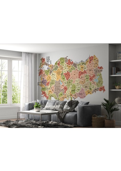 Türkiye Haritası Il ve Ilçeli Ayrıntılı Eğitici Dekoratif Duvar Kağıdı-3045