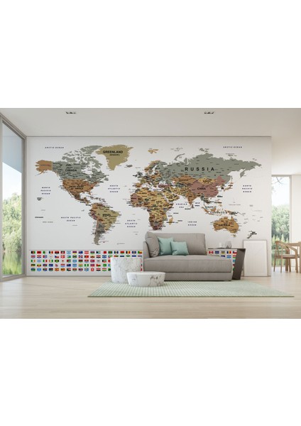 Bayraklı Dünya Haritası Duvar Kağıdı Ingilizce Eğitici ve Detaylı-2808