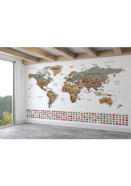 Bayraklı Dünya Haritası Duvar Kağıdı Ingilizce Eğitici ve Detaylı-2808 fiyatları