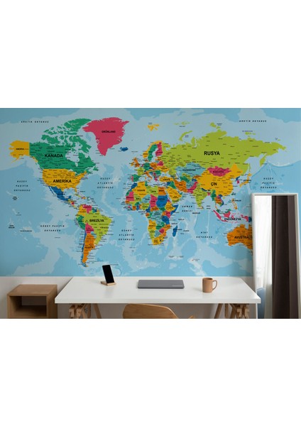 Dünya Haritası Türkçe Duvar Kağıdı Ayrıntılı Dekoratif-Okyanuslu 2172
