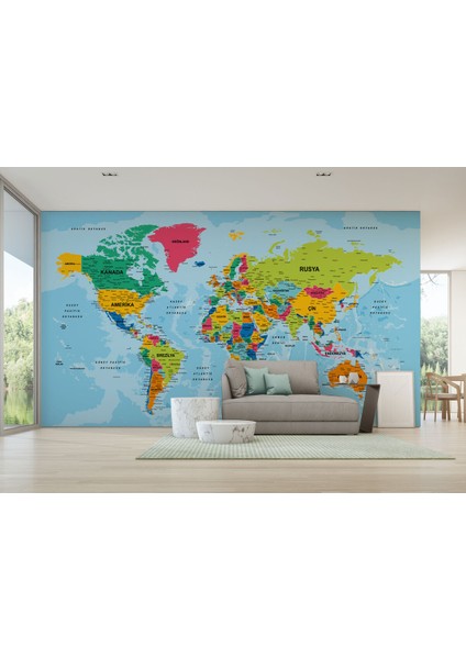 Dünya Haritası Türkçe Duvar Kağıdı Ayrıntılı Dekoratif-Okyanuslu 2172 fırsatları