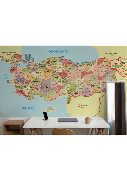 Türkiye Haritası Il ve Ilçeli Ayrıntılı Eğitici Komşulu Duvar Kağıdı-3017