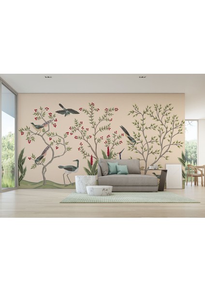 Kuşburnu Ağacı ve Kuşlar Desenli Dekoratif Duvar KAĞIDI-5619