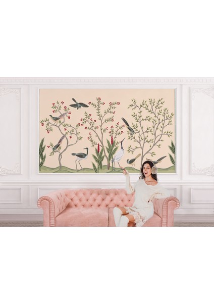 Kuşburnu Ağacı ve Kuşlar Desenli Dekoratif Duvar KAĞIDI-5619 modelleri