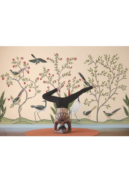 Kuşburnu Ağacı ve Kuşlar Desenli Dekoratif Duvar KAĞIDI-5619 fırsatları