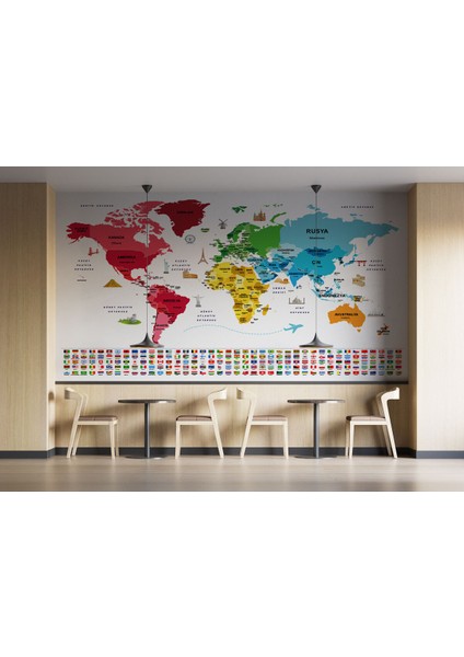 Türkçe Dünya Haritası Ülke Bayrak ve Başkentli Duvar KAĞIDI-1958