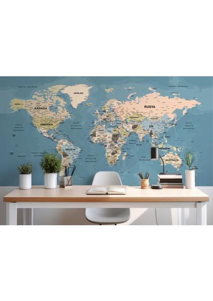 Ürkçe Dünya Haritası Ayrıntılı Eğitici-Öğretici Okyanuslu Dekoratif Duvar Kağıdı-2522