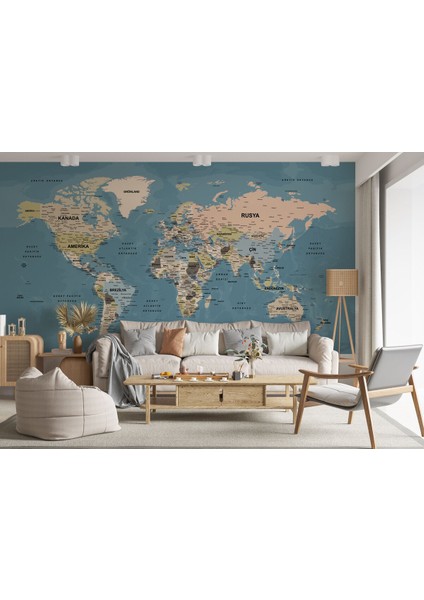 Ürkçe Dünya Haritası Ayrıntılı Eğitici-Öğretici Okyanuslu Dekoratif Duvar Kağıdı-2522 fırsatları