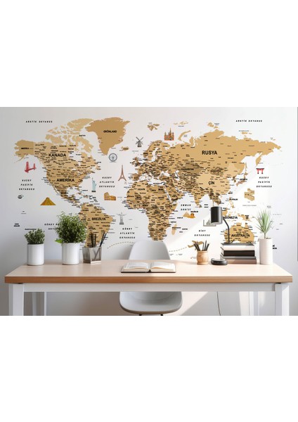 Türkçe Dünya Haritası Son Derece Ayrıntılı Eğitici ve Sembollü Duvar Kağıdı-3220