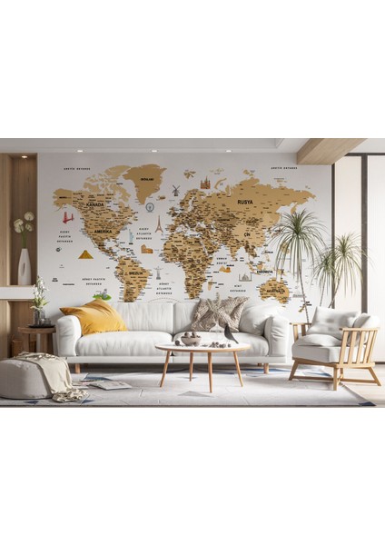 Türkçe Dünya Haritası Son Derece Ayrıntılı Eğitici ve Sembollü Duvar Kağıdı-3220 fırsatları