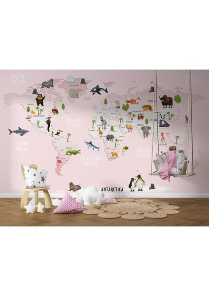 Dünya Haritası Çocuk ve Bebek Odası hayvanlar Alemi Duvar KAĞIDI-3795