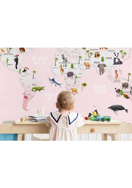 Dünya Haritası Çocuk ve Bebek Odası hayvanlar Alemi Duvar KAĞIDI-3795 fırsatları