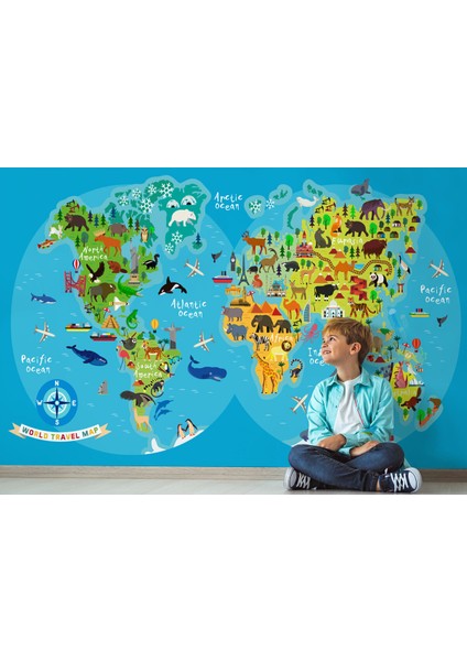 Dünya Haritası Çocuk ve Bebek Odası hayvanlar Alemi Duvar Kağıdı-3805