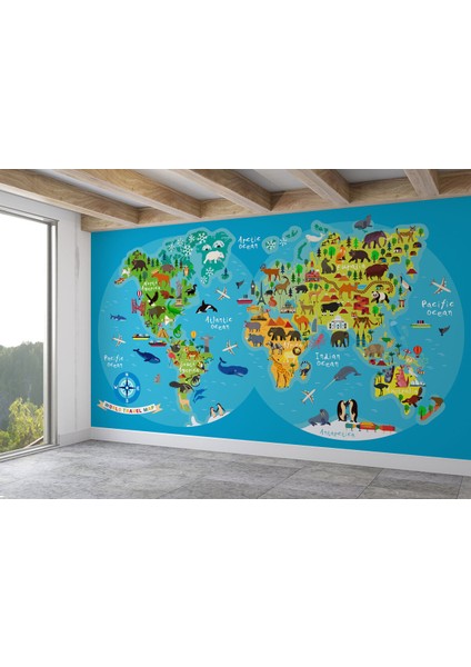 Dünya Haritası Çocuk ve Bebek Odası hayvanlar Alemi Duvar Kağıdı-3805 fiyatları