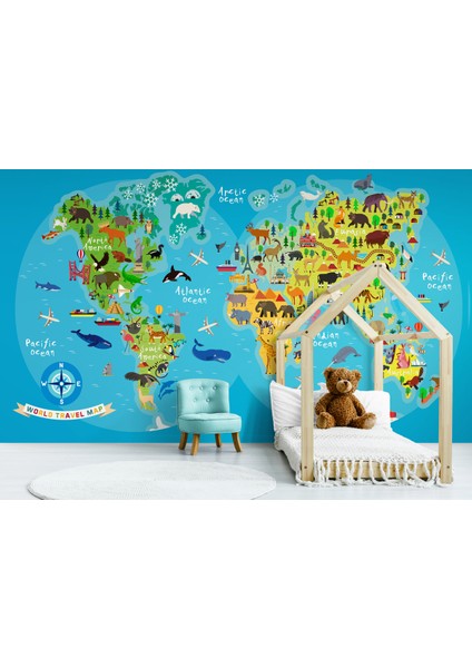 Dünya Haritası Çocuk ve Bebek Odası hayvanlar Alemi Duvar Kağıdı-3805 fırsatları