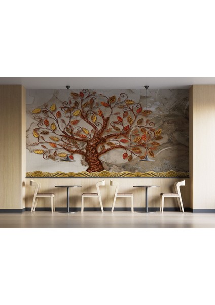 Kabartma Görünümlü Ağaç Desenli Dekoratif Duvar Kağıdı-5621