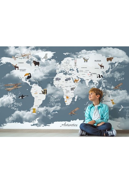 Dünya Haritası Çocuk ve Bebek Odası hayvanlar Alemi Duvar Kağıdı-3818