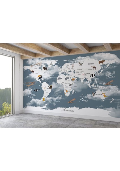 Dünya Haritası Çocuk ve Bebek Odası hayvanlar Alemi Duvar Kağıdı-3818 fiyatları