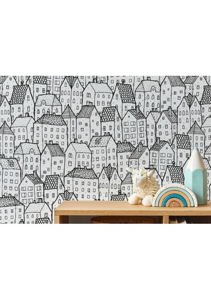 Siyah Beyaz Şehir Manzarası Desenli Duvar Kağıdı-5702 fırsatları