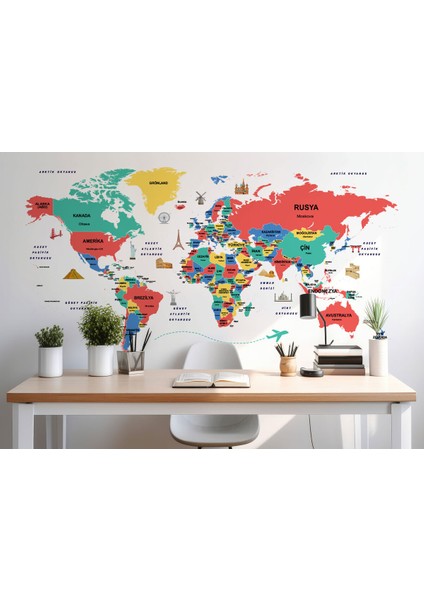 Türkçe Dünya Haritası Dekoratif Duvar Kağıdı Ülke-Başkentli Öğretici ve Sembollü-2314