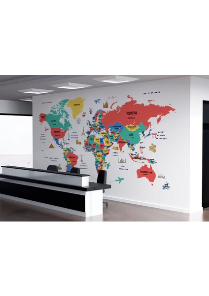 Türkçe Dünya Haritası Dekoratif Duvar Kağıdı Ülke-Başkentli Öğretici ve Sembollü-2314 fiyatları