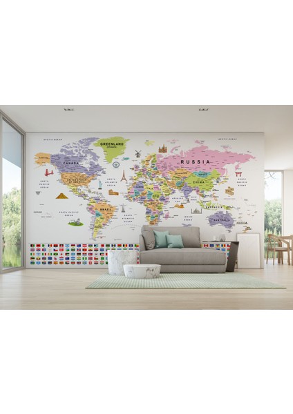 Bayraklı Dünya Haritası Duvar Kağıdı Ingilizce Eğitici ve DETAYLI-2845