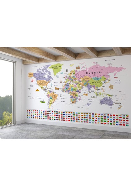 Bayraklı Dünya Haritası Duvar Kağıdı Ingilizce Eğitici ve DETAYLI-2845 fiyatları