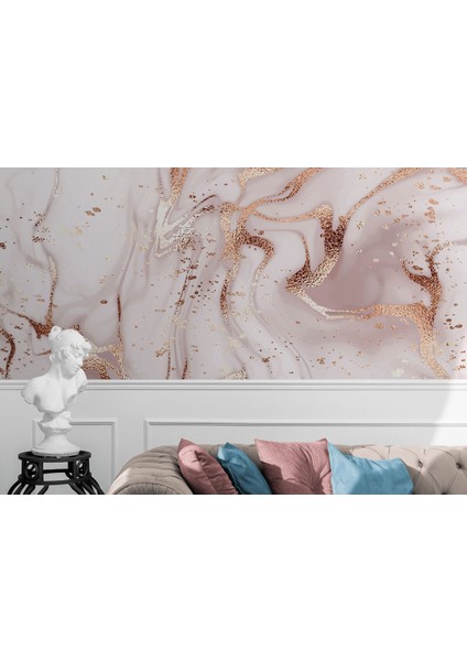 Altın ve Pembe Detaylı Mermer Desenli Duvar Kağıdı-5524