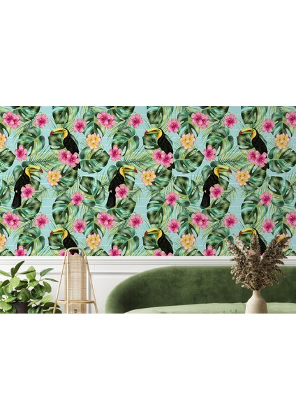 Tropikal Çiçekli Ağaç Yaprakları Duvar KAĞIDI-5568