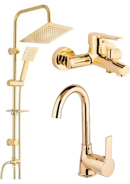 Gold Altın Kare Robot Duş Seti, Lavabo ve Banyo Bataryası Musluğu Çeşmesi 3'lü Set