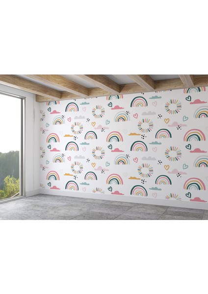 Çocuk Odası Suluboya Gökkuşağı Yağmur ve Bulutları Iskandinav Stili Duvar KAĞIDI-5527 fiyatları