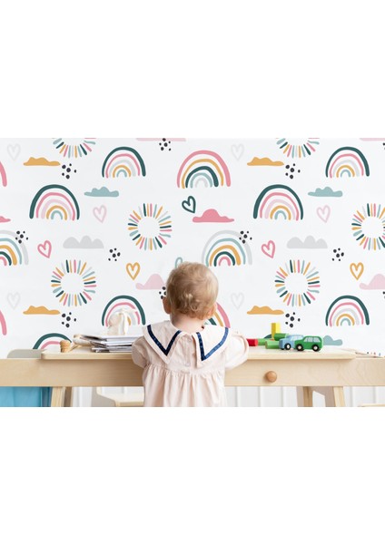 Çocuk Odası Suluboya Gökkuşağı Yağmur ve Bulutları Iskandinav Stili Duvar KAĞIDI-5527 modelleri