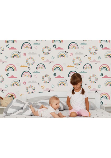 Çocuk Odası Suluboya Gökkuşağı Yağmur ve Bulutları Iskandinav Stili Duvar KAĞIDI-5527 fırsatları