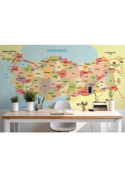 Türkiye Haritası Sınır Komşulu Eğitici Dekoratif Duvar Kağıdı-3101