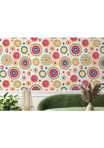 Renkli Etnik Dairesel Çizimler Duvar Kağıdı-5729 fırsatları