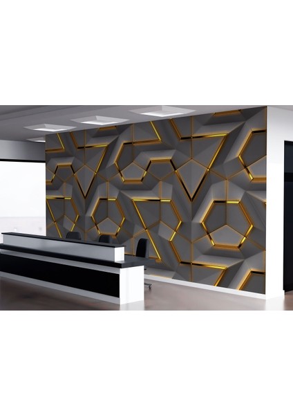 3D Görünümlü Altın Detaylı Geometrik Desen Duvar Kağıdı-5608 fiyatları