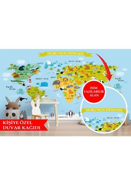 Özelleştirilebilir Çocuk ve Bebek Odası Poster Duvar Kağıdı Hayvanlar Alemi Eğitici Dünya Haritası