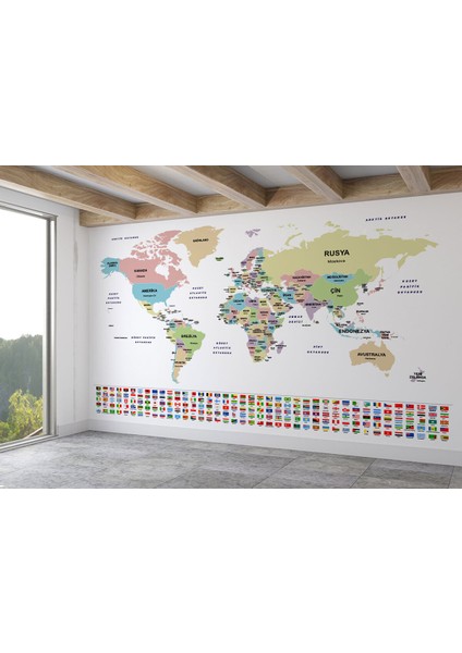 Türkçe Dünya Haritası Duvar Kağıdı Ülke Bayraklı ve Dekoratif 2384 fiyatları