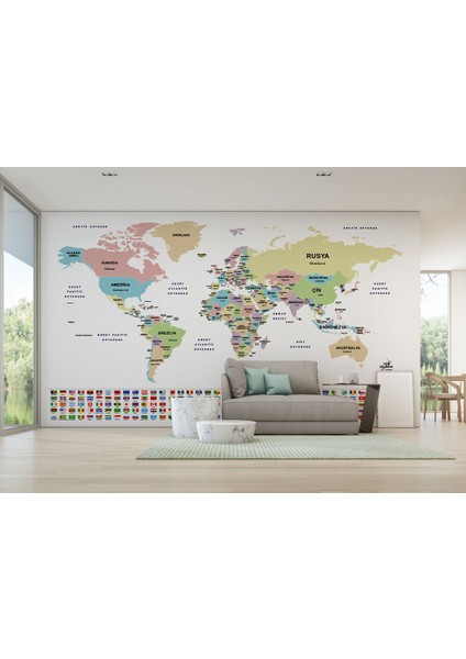 Türkçe Dünya Haritası Duvar Kağıdı Ülke Bayraklı ve Dekoratif 2384 fırsatları